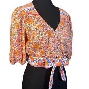 Rachel Zoe Linen Blend Boho Floral Tie Front Blouse Button Front Puff Sleeves